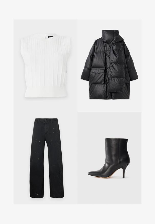 Must mustrikkidega must paks kork, millel on kõrge krae, suured taskud ja eemaldatav sall. Valmistatud läikivast, tekstuuriga materjalist, millel on vabalt langev disain.; Valge kootud särk ilma varrukateta, millel on vertikaalne sooneline tekstuur, ümmargune kaelus ja sobiv äär. Sisaldab väikest tagumist sulgemise detaili.; MM6 Maison Margiela PANTS - Avar lõikega teksad - black; Must musta jalatsid terava ninaga, õhukese stiletto kontsaga ja siledast nahast. Minimalistlik disain ilma nähtava riistvarata või aksessuaarideta.