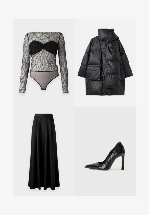 Black padded coat with high collar, large pockets, and a detachable scarf. Made of shiny, textured material with a loose-fitting design.; Hofmann Copenhagen PAULA - Long sleeved top - black; Black, floor-length skirt with a smooth texture, wide waistband, and pleated design, featuring no visible patterns or embellishments.; Black pointed-toe high heel shoe with a crocodile-skin texture, featuring a sleek design, high stiletto heel, and smooth black interior.
