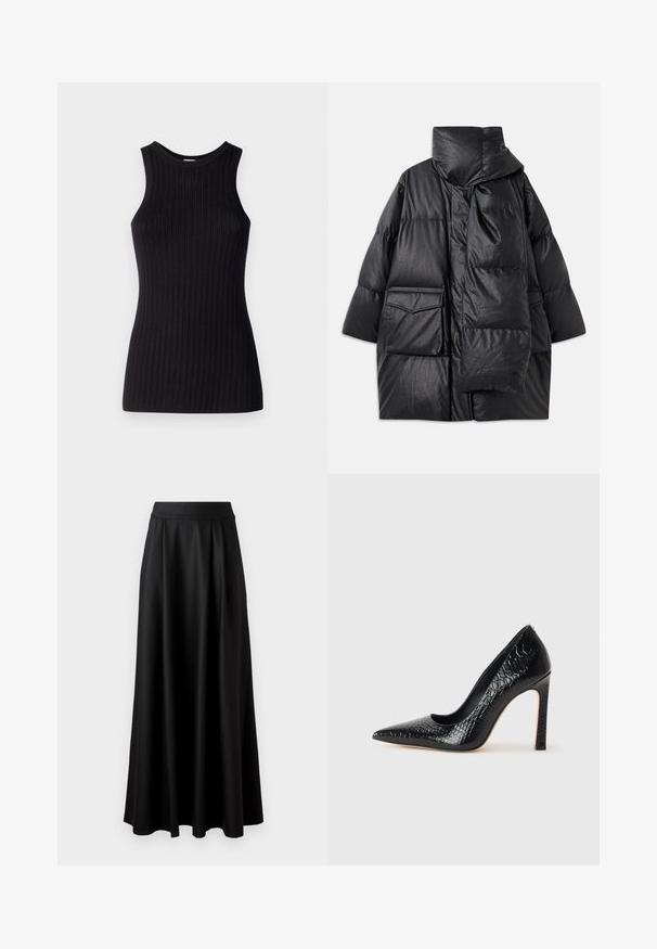 Czarna pikowana kurtka z wysokim kołnierzem, dużymi kieszeniami i odpinanym szalikiem. Wykonana z błyszczącego, strukturalnego materiału o luźnym kroju.; Czarny bezrękawnik z żebrowaną teksturą, okrągłym dekoltem, dopasowanym krojem i gładkim wykończeniem. Lekka tkanina dziana.; Czarna spódnica do ziemi o gładkiej fakturze, szerokim pasie i plisowanym wzorze, bez widocznych wzorów czy ozdób.; Czarne szpilki z ostrym noskiem, pokryte teksturą skóry krokodyla, charakteryzujące się eleganckim wzornictwem, wysokim obcasem w stylu stiletto oraz gładkim czarnym wnętrzem.