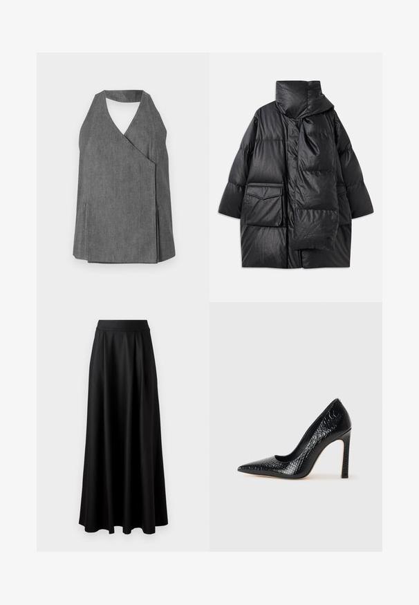 Sort polstret frakke med høj krave, store lommer og et aftageligt tørklæde. Lavet af skinnende, struktureret materiale med en løs pasform.; Grå denim halterneck top med en wrapsdesign, der har en v-hals og sideslidser. Glat tekstur med diskrete syninger.; Sort, gulvlange nederdel med en glat tekstur, bred taljeelastik og plisseret design, uden synlige mønstre eller udsmykninger.; Sorte spidse tå stiletto-sko i krokodilleskind med et strømlinet design, høj hæl og glat sort inderside.
