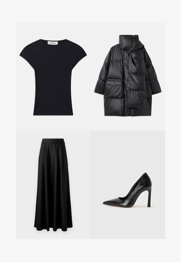 Must mustrikkidega must paks kork, millel on kõrge krae, suured taskud ja eemaldatav sall. Valmistatud läikivast, tekstuuriga materjalist, millel on vabalt langev disain.; Must have lühikeste varrukate ja pehme riidega must topp, millel on ümar kaelus ja sobiv kuju koos peente õlavarre aktsentidega. Silt on nähtav.; Mustmust pikk, must seelik, millel on sile tekstuur, lai vöökoht ja volditud disain, ilma nähtavate mustrite või kaunistusteta.; Mustan teravaotsaga kõrge kontsaga king, millel on krokodillimustriga tekstuur, stiilne disain, kõrge stilettokonts ja sile must sisesisustus.