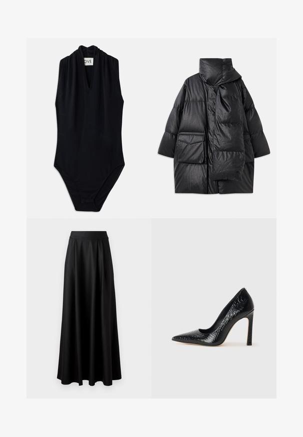 Melna pildīta jaka ar augstu apkakli, lielām kabatām un noņemamu šalli. Izgatavota no spīdīga, tekstūrāta materiāla ar brīvu piegriezumu.; Melnas bez piedurknēm bodijumam ar dziļu v-veida kakla izgriezumu un sakrāto detaļu ap kaklu. Izgatavots no gludas, elastīgas auduma. Minimālisma dizains.; Melnas, grīdai pieguļošas svārki ar gludu tekstūru, platām jostām un pleitu dizainu, bez redzamām apdrukām vai rotājumiem.; Melni augstpapēžu apavi ar norādītu purngalu, ar krokodila ādas tekstūru, izceļoties ar elegantu dizainu, augstu stiletto papēdi un gludu melnu interjeru.