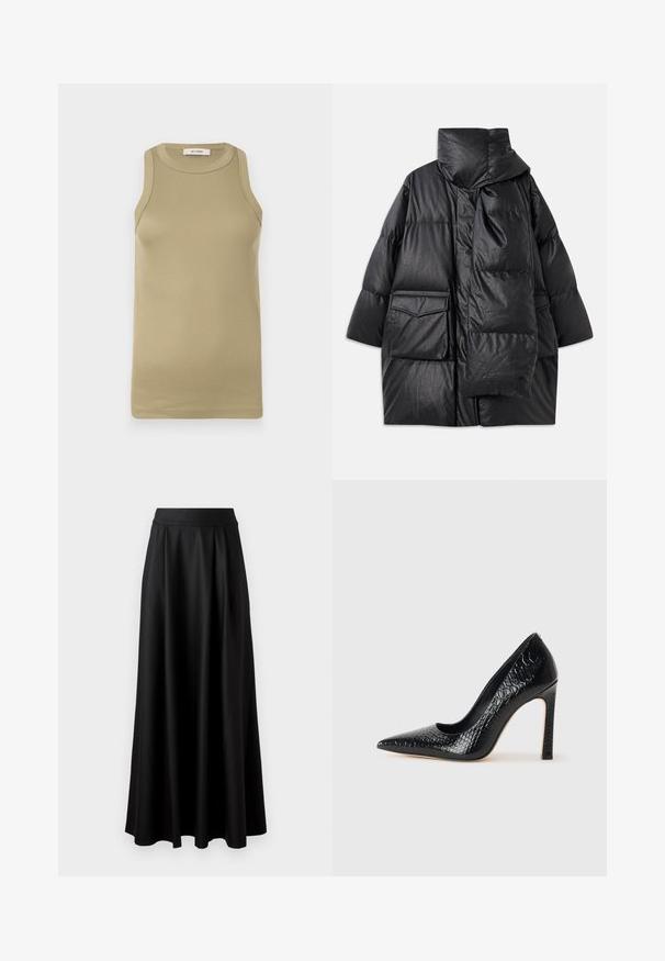 Must mustrikkidega must paks kork, millel on kõrge krae, suured taskud ja eemaldatav sall. Valmistatud läikivast, tekstuuriga materjalist, millel on vabalt langev disain.; Olive roheline ribadega tank top ümara kaelusega ja ilma varrukateta kujundusega. Sile tekstuur ja kehakujuline lõige, brändi silt kaeluses.; Mustmust pikk, must seelik, millel on sile tekstuur, lai vöökoht ja volditud disain, ilma nähtavate mustrite või kaunistusteta.; Mustan teravaotsaga kõrge kontsaga king, millel on krokodillimustriga tekstuur, stiilne disain, kõrge stilettokonts ja sile must sisesisustus.