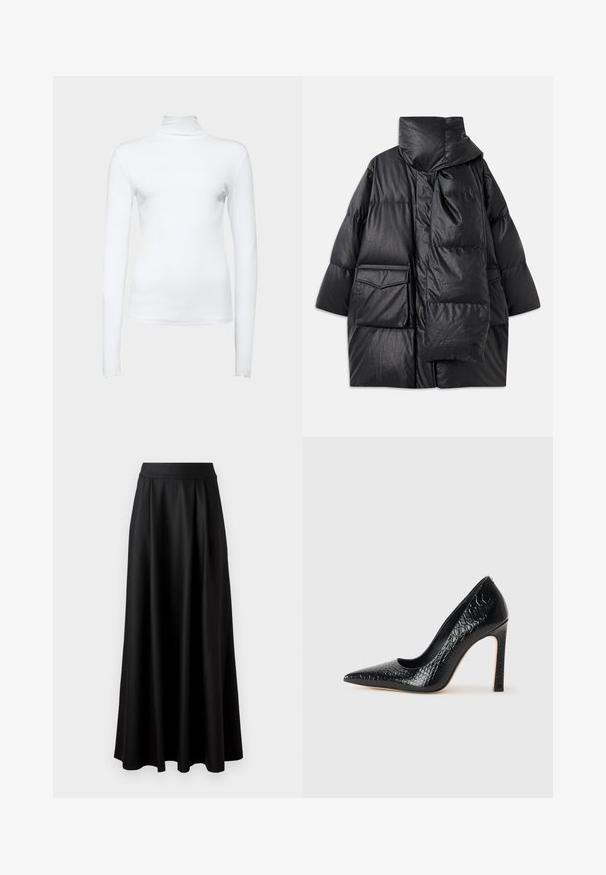 Black padded coat with high collar, large pockets, and a detachable scarf. Made of shiny, textured material with a loose-fitting design.; White long-sleeve turtleneck top made of stretchy cotton fabric. Features a fitted design and smooth texture, with no visible patterns or accents.; Black, floor-length skirt with a smooth texture, wide waistband, and pleated design, featuring no visible patterns or embellishments.; Black pointed-toe high heel shoe with a crocodile-skin texture, featuring a sleek design, high stiletto heel, and smooth black interior.