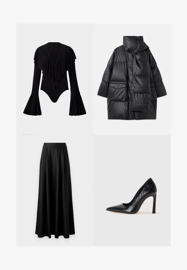 Czarna pikowana kurtka z wysokim kołnierzem, dużymi kieszeniami i odpinanym szalikiem. Wykonana z błyszczącego, strukturalnego materiału o luźnym kroju.; Czarny bodysuit z długim rękawem i głębokim dekoltem w kształcie V, z warstwowym designem falban na klatce piersiowej oraz rękawami dzwonami. Gładki, elastyczny materiał.; Czarna spódnica do ziemi o gładkiej fakturze, szerokim pasie i plisowanym wzorze, bez widocznych wzorów czy ozdób.; Czarne szpilki z ostrym noskiem, pokryte teksturą skóry krokodyla, charakteryzujące się eleganckim wzornictwem, wysokim obcasem w stylu stiletto oraz gładkim czarnym wnętrzem.