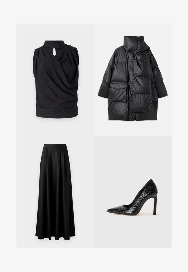 Czarna pikowana kurtka z wysokim kołnierzem, dużymi kieszeniami i odpinanym szalikiem. Wykonana z błyszczącego, strukturalnego materiału o luźnym kroju.; Czarny bezrękawnik z wysokim kołnierzem, zwiewnym wzorem i szczegółem w formie otworu na froncie. Wykonany z miękkiego materiału z delikatnym efektem połysku.; Czarna spódnica do ziemi o gładkiej fakturze, szerokim pasie i plisowanym wzorze, bez widocznych wzorów czy ozdób.; Czarne szpilki z ostrym noskiem, pokryte teksturą skóry krokodyla, charakteryzujące się eleganckim wzornictwem, wysokim obcasem w stylu stiletto oraz gładkim czarnym wnętrzem.