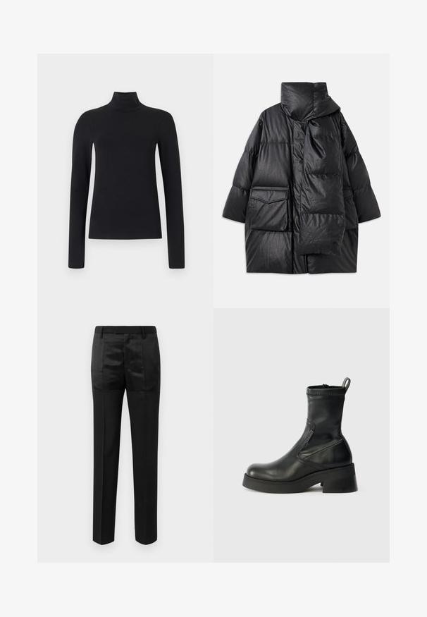 Casaco acolchoado preto com colarinho alto, grandes bolsos e um cachecol destacável. Feito de um material brilhante e texturizado, com um design de corte solto.; Top preto de gola alta com mangas longas, feito de tecido macio. Apresenta uma silhueta ajustada e um design de gola alta. Sem padrões ou detalhes adicionais.; Calças pretas ajustadas com pernas retas e um cós com passantes para cinto, apresentando uma mistura de painéis de tecido mate e brilhante.; Botas de tornozelo em pele preta com bico arredondado, fecho lateral com zipper, salto bloco baixo e costura limpa. Superfície texturizada com um acabamento suave.