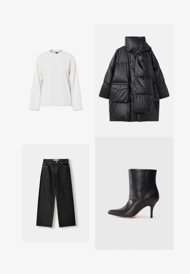 Czarna pikowana kurtka z wysokim kołnierzem, dużymi kieszeniami i odpinanym szalikiem. Wykonana z błyszczącego, strukturalnego materiału o luźnym kroju.; Biała bluza z długim rękawem z okrągłym dekoltem, luźnym krojem i miękką fakturą. Brak widocznych wzorów lub detali metalowych.; Czarne dżinsy o szerokich nogawkach z pięcioma kieszeniami, metalowym guzikiem i zapięciem na zamek, oraz kontrastowym żółtym przeszyciem wzdłuż szwów.; Czarne skórzane botki za kostkę z wyciągniętym noskiem, smukłym obcasem w stylu stiletto i gładką teksturą. Minimalistyczny design bez widocznych elementów metalowych czy akcentów.