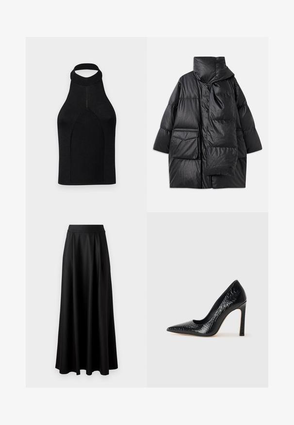 Juodas paminkštintas paltas su aukštu apykakle, didelėmis kišenėmis ir nuimama šaliku. Pagamintas iš blizgaus, tekstūruoto audinio su laisva pritaikymo forma.; Juodas halter stiliaus viršus su prigludusia siluetu, pagamintas iš rauktos megztos medžiagos. Savybės: aukštas kaklas ir be siūlių dizainas su lygia tekstūra.; Juoda, iki žemės tiesi sijonas su lygiu paviršiumi, plačiu juosmeniu ir pūtimo dizainu, be matomų raštų ar puošmenų.; Juoda smailiakulnė aukšto kulno bateliai su krokodilo odos tekstūra, pasižymintys elegantišku dizainu, aukštu stiletu kulnu ir lygia juoda vidine dalimi.