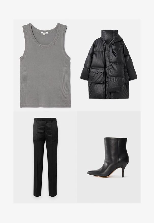 Geacă neagră matlasată cu guler înalt, buzunare mari și o eșarfă detașabilă. Fabricată dintr-un material lucios, texturat, cu un design lejer.; Top din bumbac pe gri, cu dungi, cu decolteu rotund și umeri largi. Materialul este moale, cu o textură subtilă și margini finisate. Eticheta de mărime este vizibilă.; Pantaloni negri, croiți pe corp, cu picioare drepte și talie cu curea, având un amestec de panouri de țesătură mată și lucioasă.; Botină neagră din piele cu vârf ascuțit, toc subțire de tip stiletto și textură netedă. Design minimalist fără hardware sau accente vizibile.