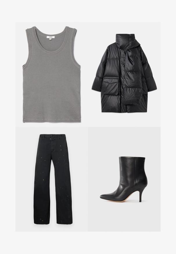 Černý prošívaný kabát s vysokým límcem, velkými kapsami a odnímatelným šátkem. Vyrobený z lesklého, strukturovaného materiálu s volným střihem.; Šedý žebrovaný tílko se zaobleným výstřihem a širokými průramky. Materiál je měkký s jemnou texturou a zakončenými okraji. Velikostní štítek je viditelný.; MM6 Maison Margiela PANTS - Džíny Relaxed Fit - black; Černá kožená kotníková bota s špičatou špičkou, štíhlým jehlovým podpatkem a hladkým povrchem. Minimalistický design bez viditelného hardwaru nebo akcentů.
