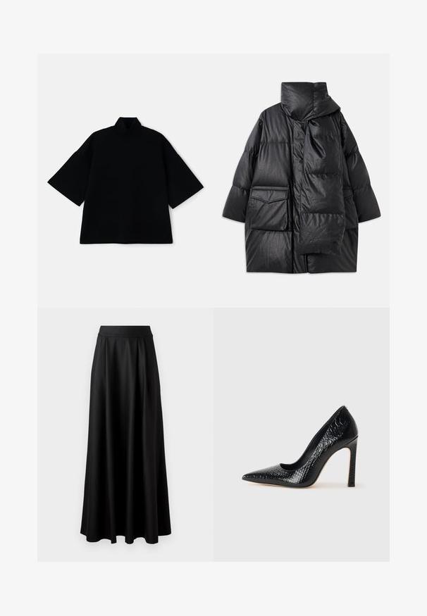Black padded coat with high collar, large pockets, and a detachable scarf. Made of shiny, textured material with a loose-fitting design.; Black loose-fitting top with short wide sleeves and a mock neck design. The fabric appears soft with a smooth texture.; Black, floor-length skirt with a smooth texture, wide waistband, and pleated design, featuring no visible patterns or embellishments.; Black pointed-toe high heel shoe with a crocodile-skin texture, featuring a sleek design, high stiletto heel, and smooth black interior.