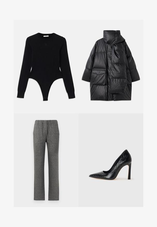 Musta vuorattu takki korkealla kauluksella, suurilla taskuilla ja irrotettavalla huivilla. Valmistettu kiiltävästä, tekstuurista materiaalista, jossa on väljä istuvuus.; Musta pitkähiha Bodysuit, jossa on pyöreä kaula-aukko, tiukka malli ja string-tyylinen alaosa. Valmistettu pehmeästä, elastisesta kankaasta mukavuutta varten.; Harmaat, tekstuurilla varustetut housut, joissa on joustava vyötärö ja suora lahje. Sisältää hienovaraisen kuvion lisävisuaalista kiinnostavuutta varten.; Musta kapea nilkkakorkokenkä krokotiilin nahkakuviolla, joka on varustettu tyylikkäällä muotoilulla, korkealla stiletto-korkealla ja sileällä mustalla sisäosalla.