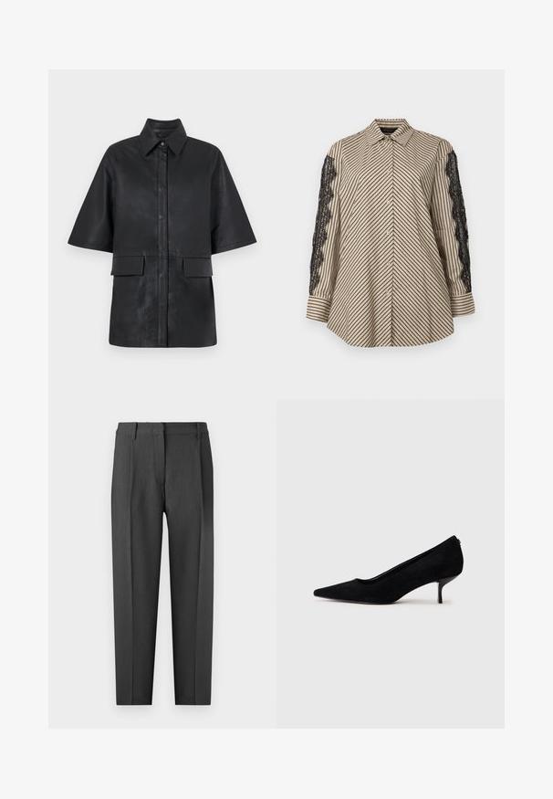 Jachetă din piele neagră oversized, cu guler, mâneci scurte, închidere cu nasturi în față și două buzunare frontale aplicate. Textură netedă.; Cămașă cu guler, cu dungi verticale negre și bej. Are accente de dantelă neagră pe ambele mâneci. Față cu nasturi, croi lejer.; Pantaloni negri cărbune, croiți pe măsură, cu un front plat, buzunare laterale și un design cu picior drept, având o textură netedă.; Pantofii cu toc înalt din suede negru, cu vârf ascuțit și un toc subțire, jos. Textură netedă, cu un design elegant, fără hardware vizibil.