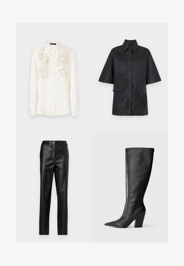 Černá kožená oversized košile s límečkem, krátkými rukávy, vpředu na knoflíky a dvěma předními náprsními kapsami. Hladká textura.; Krémová košile se strukturovanou květinovou výšivkou na hrudi, s klasickým límcem a zapínáním na knoflíky. Dlouhé rukávy.; Černé kalhoty z umělé kůže s krokodýlím vzorem, slim fit, rovný střih, s předním zapínáním na knoflík a standardním pasem.; Černá kožená vysoká bota po kolena s špičatou špičkou a robustním vysokým podpatkem, zobrazená v levém bočním profilu na bílém pozadí.