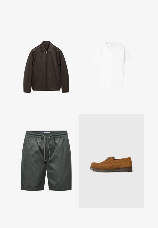 Tmavě hnědá kožená bunda s plným předním zipem, špičatým límcem a vertikálními bočními kapsami, vystavená na bílém pozadí.; Bílá bavlněná tričko s krátkým rukávem, kulatým výstřihem a volným střihem. Hladká textura, bez vzorů nebo grafik, minimální značení na štítku.; Zelené kraťasy vyrobené z lehkého materiálu s elastickým pasem a šňůrkou, s hladkou texturou a jednoduchým designem.; Hnědé semišové šněrovací boty s tlustou černou podrážkou s vzorkem, viditelným švem a klasickým mokasínovým designem na bílém pozadí.