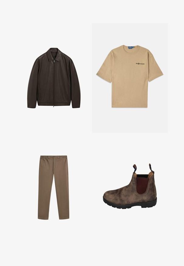 Donkerbruine leren jas met volledige rits aan de voorkant, puntige kraag en verticale zijzakken, gepresenteerd op een witte achtergrond.; Beige katoenen t-shirt met korte mouwen, ronde hals en een klein zwart logo op de linkerkant van de borst. Zachte textuur.; Bruine cotton chinos met een rechte pijp, elastische tailleband en voorzakken. Glad textuur en minimale stikseldetails.; Bruine leren enkellaars met elastische zijpanelen, gestructureerde afwerking, zwarte rubberen zool en aantrekloop aan de hiel voor eenvoudig aan- en uittrekken.