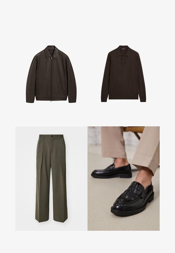 Ciemnobrązowa skórzana kurtka z pełnym zamkiem z przodu, spiczastym kołnierzem i pionowymi kieszeniami bocznymi, eksponowana na białym tle.; Ciemnobrązowa koszulka polo z długim rękawem, z trzema guzikami i klasycznym kołnierzykiem, zaprezentowana na białym tle.; Filippa K - Spodnie materiałowe; Czarne skórzane mokasyny o gładkim wykończeniu, z dekoracyjnym paskiem i kontrastowym szwem, w połączeniu z beżowymi spodniami.