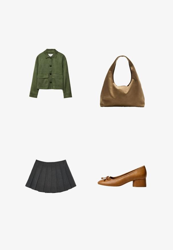 Giacca in suede verde con collo, chiusura frontale con bottoni e due ampie tasche con pattina. Presenta maniche lunghe e un design corto.; Maglietta a maniche corte marrone realizzata in tessuto morbido, con scollatura rotonda e vestibilità rilassata. Nessun motivo o dettaglio visibile.; Gonna plissettata in grigio scuro, realizzata in un tessuto testurizzato. Presenta un silhouette svasata con pieghe uniformemente distanziate e una vita piatta.; Décolleté in pelle cuoio con punta arrotondata, tacco a blocco di piccole dimensioni e dettaglio a fiocco decorativo. Texture liscia e design minimalista.; Borsa a spalla in tessuto marrone con un corpo ampio e arrotondato e una grande maniglia a taglio. Texture morbida, design minimalista e senza hardware visibile.