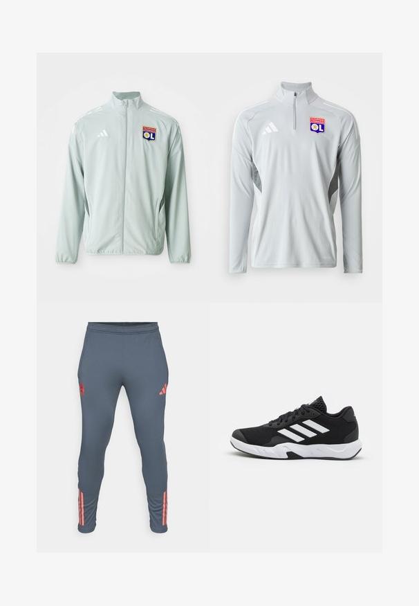 Šviesiai žalia sportinė striukė su stovinčiu apykakle, su baltomis adidas juostomis ir olimpinio Liono logotipu kairėje krūtinės pusėje.; Šviesiai pilkas ilgomis rankovėmis sportinis puloveris su pusiau užtrauktuku, turintis baltas šonines detales ir išsiuvinėtą Olympique Lyonnais logotipą.; Pilkos sportinės kelnės su elastinga juostos juosta, šoninėmis kišenėmis ir rožinėmis trijų juostų akcentais ant kojų. Kairėje šlaunies pusėje yra apvalus logotipas.; Juodi sportiniai batai su tekstūruotu tinkliniu paviršiumi, baltais akcentų dryžiais, paminkštintu padu ir sustiprintu kulnu paramai.
