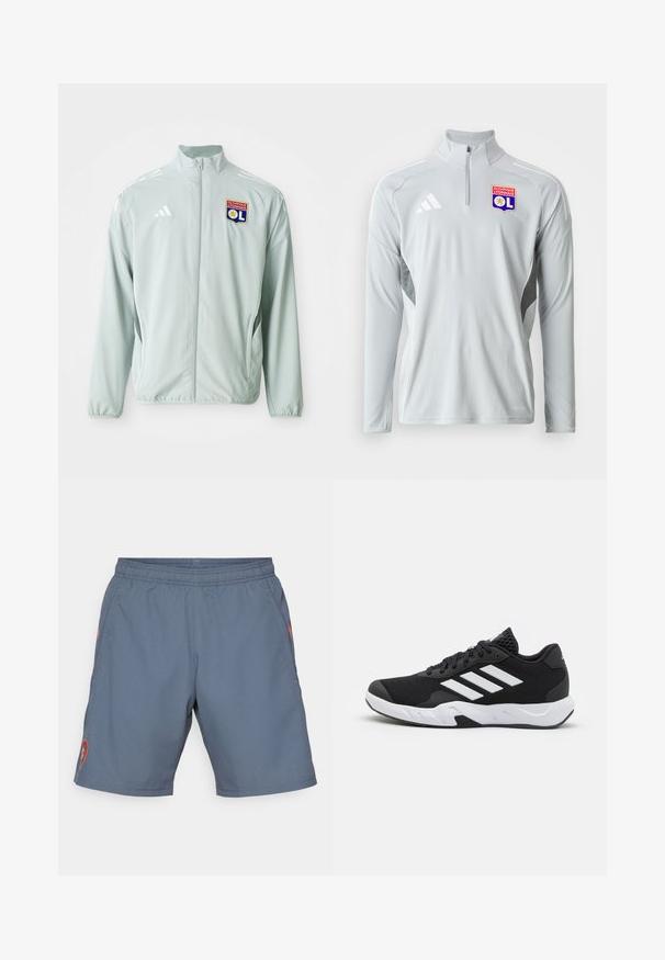 Light green athletic jacket with a stand collar, featuring white adidas stripes and an Olympic Lyonnais logo on the left chest.; Light grey long-sleeve athletic pullover with a half-zip collar, featuring white side accents and an embroidered Olympique Lyonnais logo.; Gray athletic shorts with elastic waistband, side pockets, and red logo detail on left leg. Lightweight, smooth fabric with subtle sheen.; Black athletic shoes with a textured mesh upper, white accent stripes, a cushioned sole, and a reinforced heel for support.