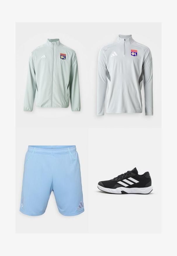 Vihreä urheiluJacke, jossa on pystypiha, valkoiset adidas-raidat ja Olympique Lyonnais -logo vasemmassa rinnassa.; Harmaa pitkähihainen urheiluhaalari, jossa on puolivetoketju ja valkoiset sivuakkentit sekä brodeerattu Olympique Lyonnais -logo.; Vaaleansiniset urheilushortsit, jotka on valmistettu sileästä kankaasta ja joissa on kontrastivärinen keltainen ompelu sekä Adidas-logo alareunassa.; Mustat urheilukengät, joissa on teksturoitu verkkomateriaali yläosassa, valkoiset korostusraidat, pehmustettu pohja ja vahvistettu kanta tuen vuoksi.