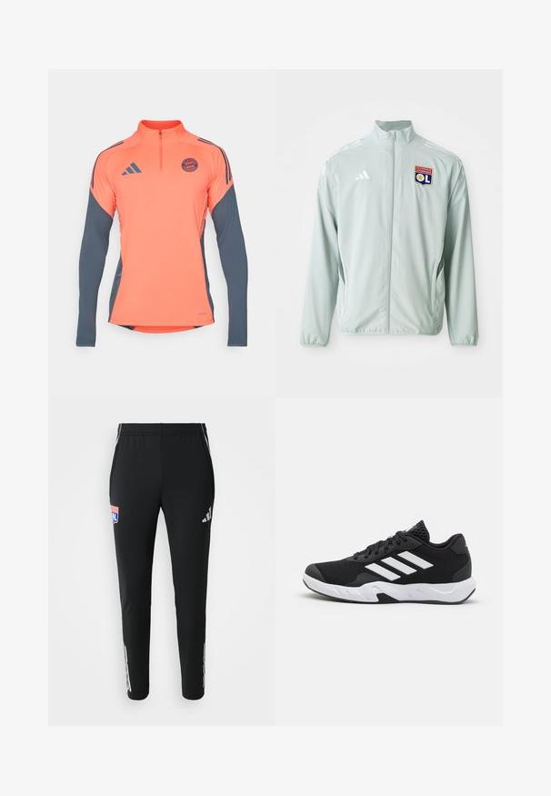Lys grøn træningsjakke med ståkrave, prydet med hvide adidas-striber og et Olympique Lyonnais-logo på venstre bryst.; Orange atletisk skjorte med lange grå ærmer, halv-lynlås ved halsen, Adidas-logoer og FC Bayern München-emblem på brystet. Glat stof, moderne design.; Sorte atletiske bukser med slim fit. Har et gråt Adidas-logo på siderne og et farverigt holdemblem på fronten. Fremstillet af glat, strækbart stof.; Sorte atletiksko med en tekstureret mesh-overdel, hvide accentstriber, en polstret sål og en forstærket hæl for støtte.