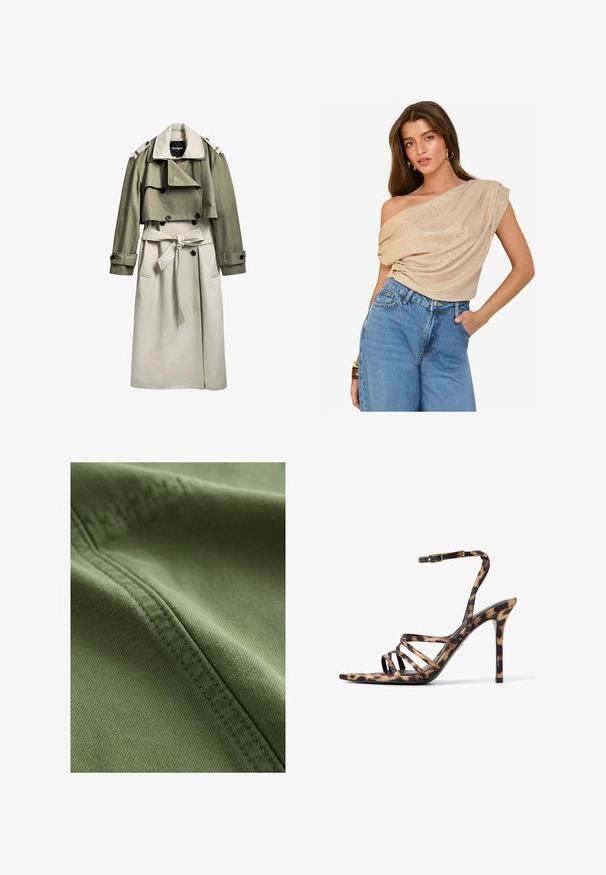 Trench-coat en kaki et beige avec un devant croisé, une ceinture, une couche supérieure courte et des épaulettes. Fabriqué à partir d'un tissu lisse.; Haut beige à épaules dénudées avec un tissu drapé et une légère brillance ; associé à un jean en denim léger à taille haute. Texture lisse, coupe décontractée.; Next Short en jean - khaki green; Sandale à talon haut en imprimé léopard avec de fines brides noires et une boucle à la cheville. Design à bout ouvert et talon aiguille. Texture lisse.