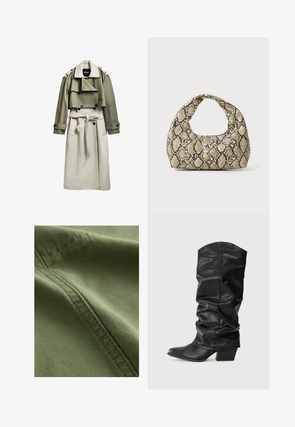 Trench coat color khaki e beige con doppio petto, cintura, strato superiore corto ed epaulette. Realizzato in un tessuto morbido.; Top beige con spalline scoperte, realizzato in tessuto drappeggiato e con una leggera lucentezza; abbinato a jeans in denim chiaro a vita alta. Texture liscia, vestibilità comoda.; Next Shorts di jeans - khaki green; Stivali neri in pelle, alti fino al ginocchio, con design morbido, punta affusolata e tacco spesso, caratterizzati da una texture liscia e cuciture minime.; Borsa a stampa rettile con manico curvo. Realizzata in materiali testurizzati beige e marroni, presenta un distintivo motivo a rombi.