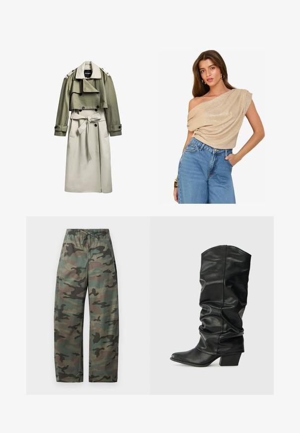 Khaki és bézs trench kabát, dupla gombos elülső résszel, övvel, rövidített felső réteggel és epaulettekkel. Simító anyagból készült.; Bezs színű, vállnál nyitott top, drapált anyaggal és enyhe csillogással; magasan ültetett, világos kék farmernadrággal párosítva. Sima textúra, laza fazon.; GAP BARREL PARACHUTE - Nadrágok - green camo; Fekete bőr, térdig érő csizmák laza fazonban, hegyes orral és vastag sarokkal, sima textúrával és minimális varrással.