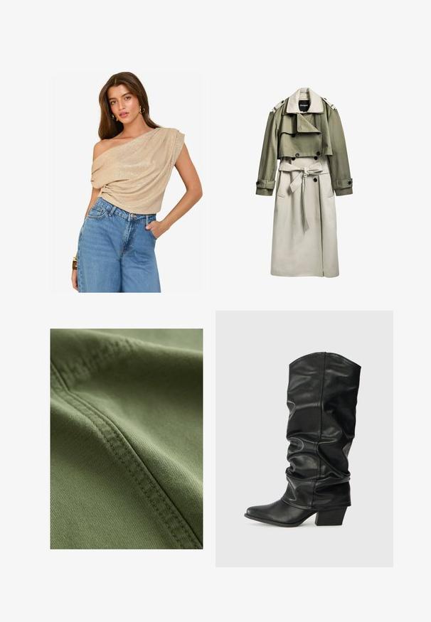 Trench coat en caqui y beige con un frente de doble botonadura, cinturón, capa superior corta y hombreras. Fabricado en un tejido suave.; Top beige, con hombros al descubierto y tejido drapeado que tiene un ligero brillo; combinado con jeans de mezclilla de tiro alto y lavado claro. Textura suave, ajuste relajado.; Next Shorts vaqueros - khaki green; Botas de cuero negro hasta la rodilla con un diseño arrugado, punta afilada y un tacón grueso, con una textura suave y una costura mínima.