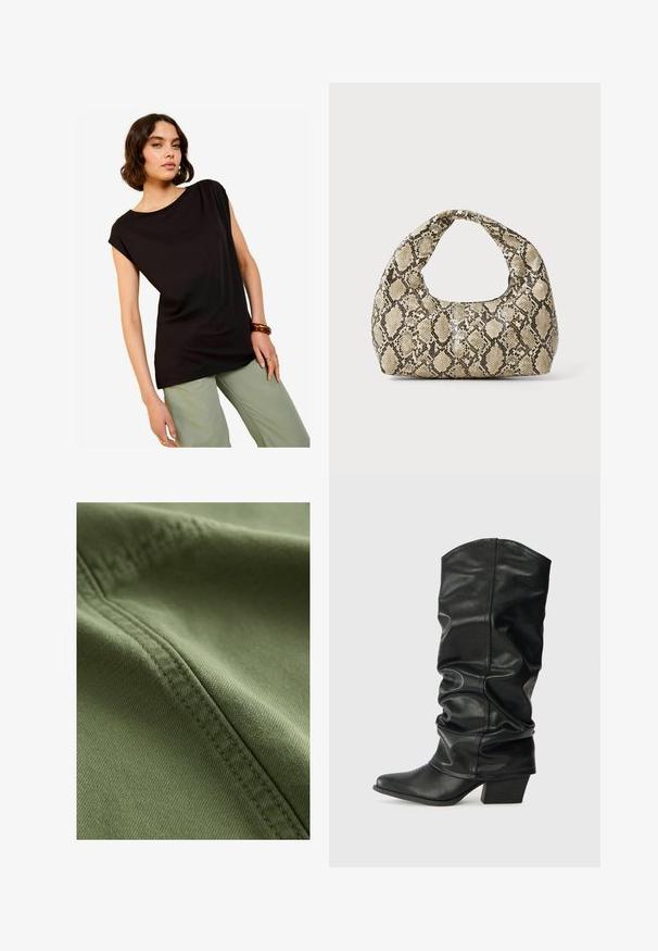 Khaki og beige trench coat med dobbeltradet front, bælte, cropped toplag og epauletter. Fremstillet af et glat stof.; Sort kortærmet top med en afslappet pasform og rund halsudskæring, parret med lysegrønne bukser med vide ben. Glat stof med minimalistisk design.; Next Denimshorts - khaki green; Sorte læderknæhøje støvler med et skrånet design, spids tå og chunky hæl, der har en glat overflade og minimal syning.; Slangeprint håndtaske med et buet håndtag. Lavet af strukturerede, beige og brune materialer, med et karakteristisk diamantmønster.