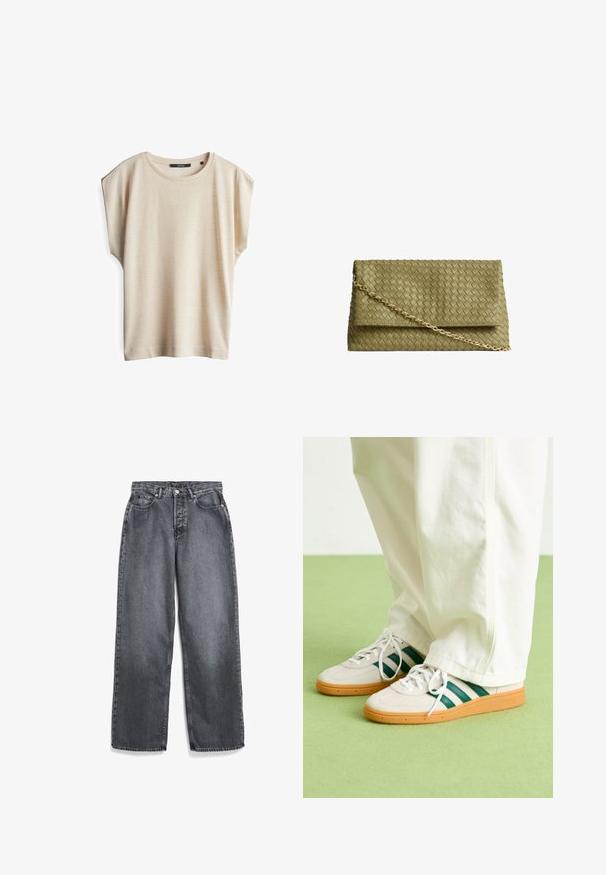 Khaki en beige trenchcoat met een dubbele knopenrij aan de voorkant, riem, kort bovenste gedeelte en epauletten. Gemaakt van een soepele stof.; Beige korte mouwen t-shirt met een ronde hals en verlaagde schouders. Gemaakt van zachte stof met een gladde textuur, beschikt het over een relaxte pasvorm.; Wijde grijze denim jeans met een knopen- en ritssluiting, voorzien van vier zakken en een vervaagde afwerking. Eenvoudige lijnen en een strakke uitstraling.; Witte sneakers met groene strepen, gestreepte suède en mesh materiaal, rubberen zool van gom en witte veters, gedragen met brede witte broek.; Groene geweven leren handtas met een klep-sluiting, gouden kettinghengsel en een gladde textuur. Heeft een gestructureerde rechthoekige vorm.