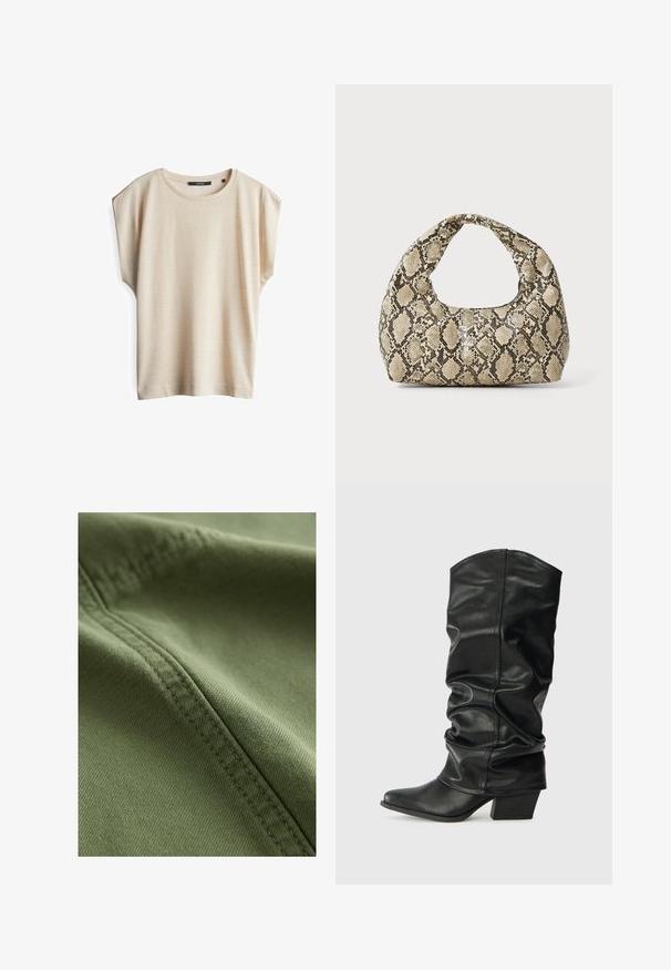 Khakifarbener und beiger Trenchcoat mit einem doppelt geknöpften Vorderteil, Gürtel, verkürzter oberer Lage und Schulterklappen. Hergestellt aus einem glatten Stoff.; Beige T-Shirt mit kurzen Ärmeln, Rundhalsausschnitt und überschnittenen Schultern. Hergestellt aus weichem Stoff mit glatter Textur, im lässigen Schnitt.; Next Jeans Shorts - khaki green; Schwarze Lederstiefel bis zum Knie mit einem rüschigen Design, spitzem Zehenbereich und breitem Absatz, mit glatter Texture und minimaler Naht.; Schlangenmuster-Tasche mit einem gebogenen Griff. Hergestellt aus strukturierten, beige- und braunfarbenen Materialien, die ein markantes Diamantmuster aufweisen.