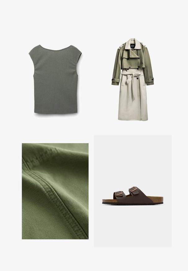 Khakifarbener und beiger Trenchcoat mit einem doppelt geknöpften Vorderteil, Gürtel, verkürzter oberer Lage und Schulterklappen. Hergestellt aus einem glatten Stoff.; Kurzärmeliges Oberteil in gedämpftem Grün, aus strukturiertem Stoff mit einem weiten, runden Ausschnitt und subtilen horizontalen Rippenmustern.; Beige, schulterfreies Oberteil mit drapiertem Stoff und leichtem Schimmer; kombiniert mit hochtaillierten, hellblauen Jeans. Weiche Textur, lässige Passform.; Next Jeans Shorts - khaki green; Braune, flache Riemchensandale mit zwei verstellbaren Riemen. Hergestellt aus einem glatten Material, mit einem Korkfußbett und einer strukturierten Gummisohle.