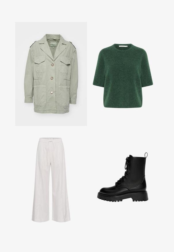 Jasnozielona bawełniana kurtka z kołnierzem, czterema przednimi kieszeniami, zapięciem na guziki i naramiennikami. Posiada luźny krój i teksturowany materiał.; Zielony sweter z krótkim rękawem wykonany z miękkiej, teksturowanej przędzy. Posiada okrągły dekolt i luźny krój. Prosty design bez wzorów czy akcentów.; Spodnie z szerokimi nogawkami z miękkiego białego materiału, z elastycznym pasem z sznurkiem, gładką fakturą i bez dodatkowych ozdób.; Czarne sznurowane botki za kostkę wykonane z syntetycznej skóry, z grubą podeszwą, pętelką do zakładania i wyraźnymi detalami przeszycia.