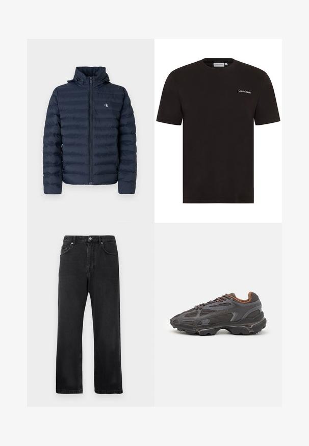 Donkerblauwe pufferjas met doorgestikt design, volledige ritssluiting en capuchon. Voorzien van een klein logo op de borst en een gestructureerde stof.; Zwarte T-shirt met korte mouwen van katoen. Heeft een ronde hals en een klein wit "Calvin Klein" logo op de linkerborst.; Zwarte rechttoe-rechtaan jeans met voorzakken, riemlussen en een knoopsluiting op een witte achtergrond.; Lacoste sneakers in donkergrijs van mesh en synthetisch materiaal, met een gestructureerde zool en bruine accenten op de kraag en branding.