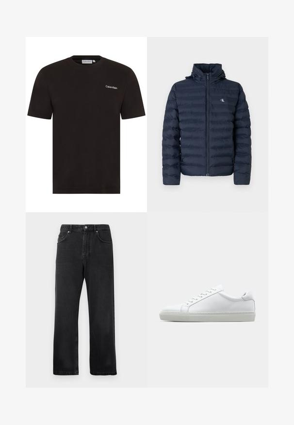 Navy blue puffer jacket with quilted design, full zipper, and hood. Features a small logo on the chest and textured fabric.; Black short-sleeve t-shirt made of cotton. Features a round neckline and a small white "Calvin Klein" logo on the left chest.; Black straight-leg jeans with front pockets, belt loops, and a button closure on a white background.; White sneaker with a smooth leather upper and a low profile. Features a rounded toe, six eyelets, and a textured rubber sole.