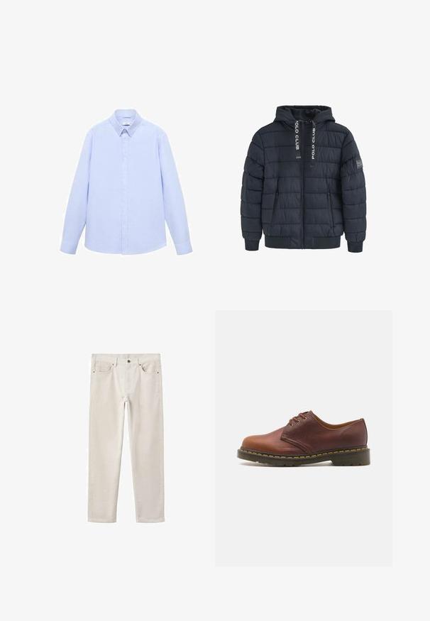 Chaqueta acolchada azul marino con capucha, que presenta un diseño de acolchado vertical, dos bolsillos frontales con cremallera, puños acanalados y detalles del logo en la capucha.; Sudadera de forro polar azul marino con cuello de media cremallera. Presenta un pequeño logotipo rojo en el pecho y puños y dobladillo acanalados. Textura suave.; Camisa de manga larga azul claro hecha de algodón, con un cierre de botones en el frente, cuello tradicional y dobladillo recto con una textura sutil.; Jeans de algodón color beige claro con pierna recta, diseño de cinco bolsillos, cierre de botón metálico y textura sutil. Sin patrones o acentos visibles.; Zapato de cuero marrón con un acabado suave, punta redonda y agujeros para cordones en cinco ojales. Presenta costuras amarillas a lo largo de la suela y un tacón texturizado.