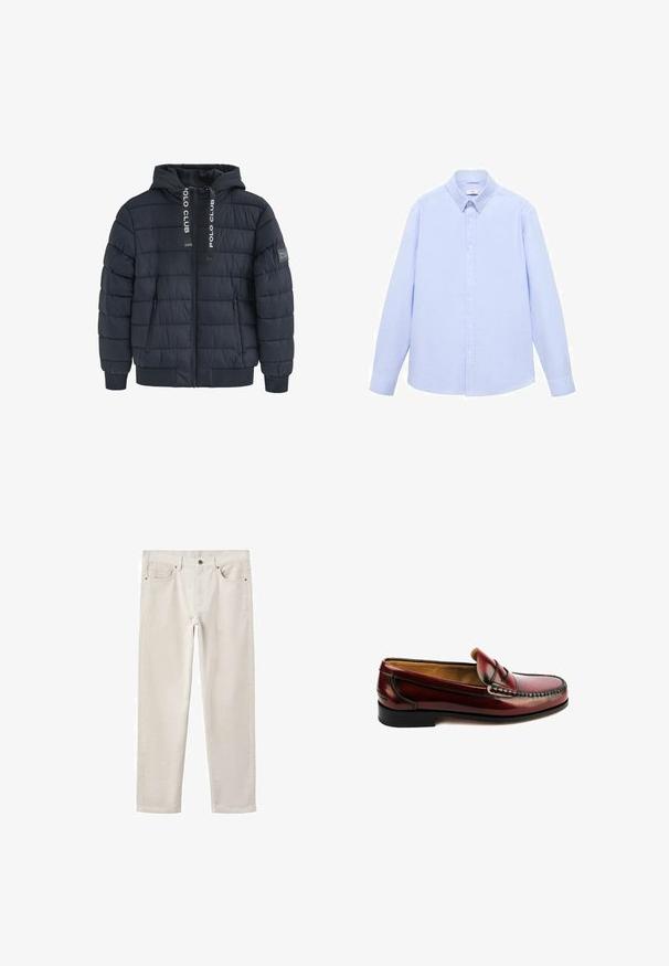 Marineblaue gepolsterte Jacke mit Kapuze, ausgestattet mit vertikalem Steppmuster, zwei vorderen Reißverschlusstaschen, gerippten Bündchen und Logostickereien auf der Kapuze.; Himmelblaues Langarmhemd aus Baumwolle, mit durchgängiger Knopfleiste, klassischem Kragen und geradem Saum mit subtiler Textur.; Helle beigefarbene Baumwolljeans mit geradem Bein, Fünf-Taschen-Design, Metallknopfverschluss und subtiler Textur. Keine sichtbaren Muster oder Akzente.; Brauner Lederloafer mit gesticktem Oberteil-Design, mandelförmiger Zehenpartie und niedrigem schwarzen Gummiabsatz. Glatte Oberfläche mit dekorativen Akzenten.