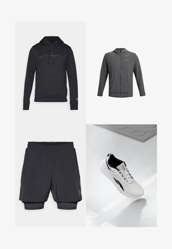 Gray zip-up jacket with a hood, made of lightweight material. Features Under Armour logo and two front pockets. Smooth texture, athletic fit.; Black hoodie made of soft fabric with a front pouch pocket, drawstring hood, and "Champion" logo in dark embroidery across the chest.; Black athletic shorts with an elastic waistband, layered design, and a fitted inner lining. Features a subtle logo on the lower side.; Light gray athletic shoe with black accents, textured mesh upper, cushioned sole, and lace-up closure. Features a heel pull tab.