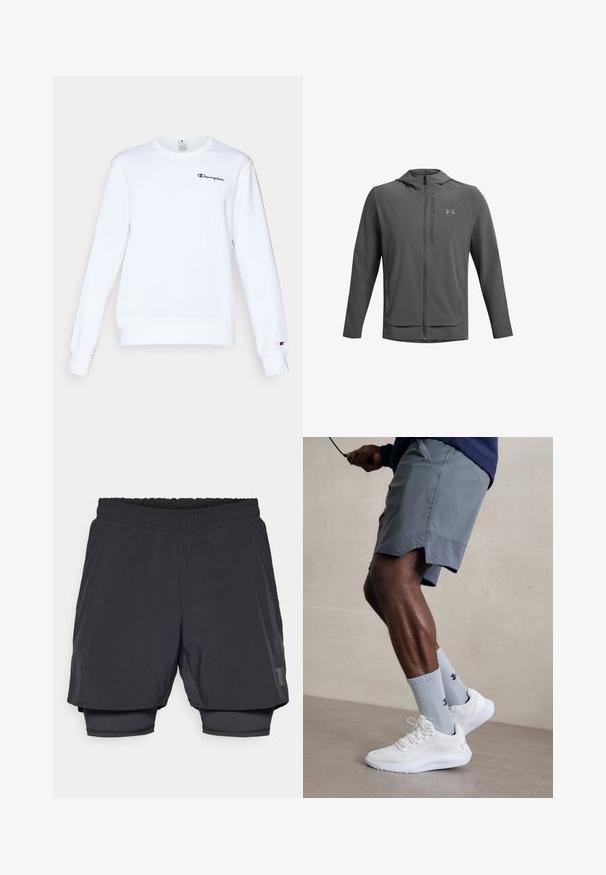 Hallharu tõmblukuga jakk, millel on kapuuts ja mis on valmistatud kerge materjali tõttu. Omab Under Armouri logo ja kahte esi-taskut. Sujuv tekstuur, sportlik lõige.; Valge puuvillane dressipluus pika varrukaga, ümar kaelus, ribidega mansetid ja alläär, millel on rindkere piirkonnas väike must "Champion" logo.; Mustad mustriga mustikud, millel on elastne vöökoht, kihiline disain ja liibuv sisemine vooder. Omab diskreetset logo alumises osas.; Valged spordijalatsid tekstuurse võrguga pealispinnaga, millele on lisatud helesinised ribakujulised sokid logoga. Hallid spordilühikesed püksid, millel on perforeeritud ääred.