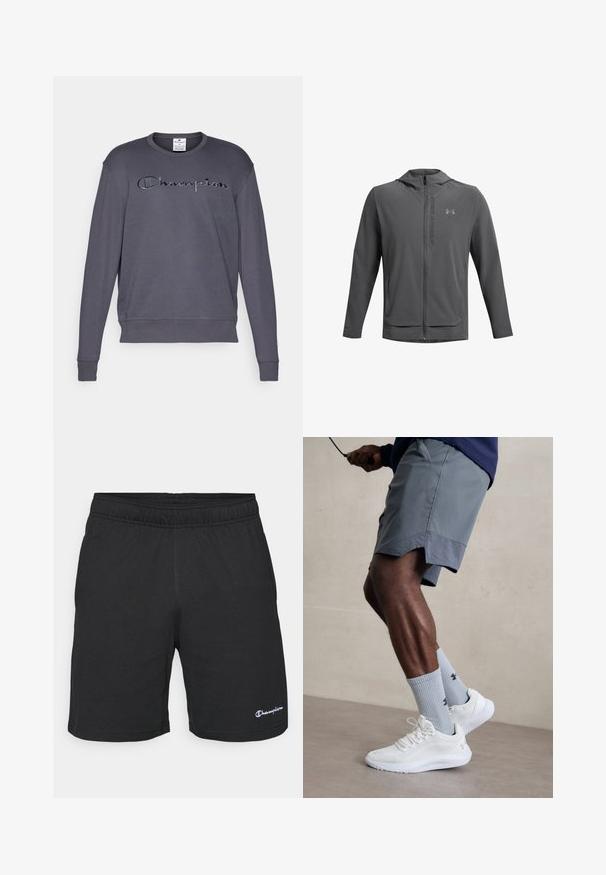 Grå zip-up jakke med hætte, lavet af letvægtsmateriale. Har Under Armour-logo og to forlommer. Glat tekstur, atletisk pasform.; Mørkegrå sweatshirt med lange ærmer, ribbede manchetter og rund hals. Har broderet "Champion"-logo i matchende farve på forsiden.; Sorte atletiske shorts med elastisk linning, lavet af blødt stof, med et lille hvidt logo i nederste venstre hjørne.; Hvide sportsko med tekstureret mesh-overdel, parret med lyseblå ribbede sokker med et logo. Grå sports shorts med perforeret kant.