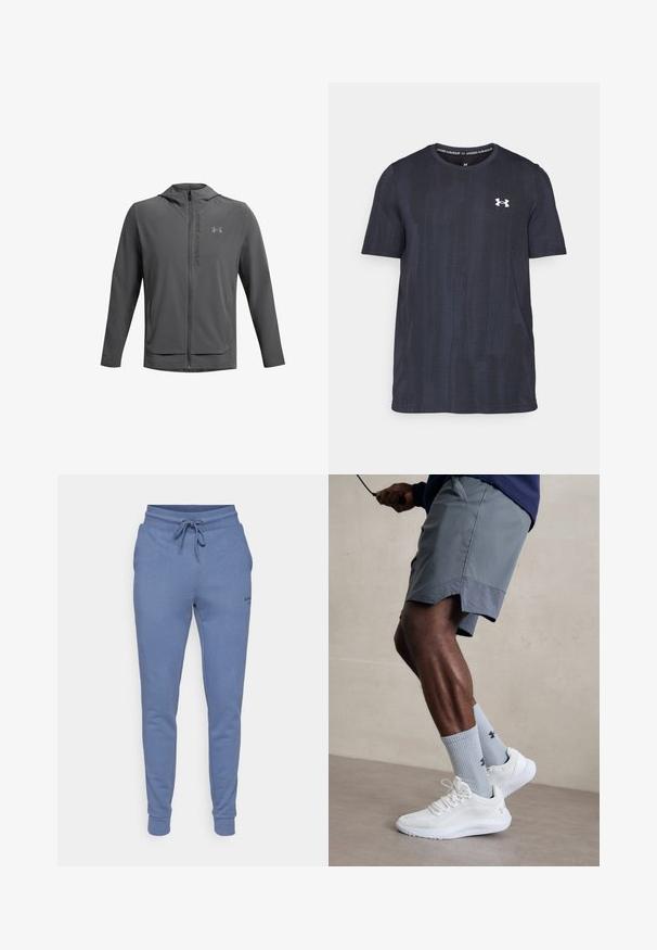 Grå zip-jacka med huva, tillverkad av lätt material. Har Under Armour-logotyp och två framfickor. Slät textur, atletisk passform.; Mörkblå kortärmad t-shirt gjord av andningsbart tyg, med ett texturerat mönster och en vit Under Armour-logotyp på bröstet.; Björn Borg ESSENTIAL SWEATPANTS - Träningsbyxor - vintage indigo; Vita atletiska skor med texturerad meshöverdela, kombinerat med ljusblå räfflade strumpor med en logotyp. Grå atletiska shorts med perforerad kant.