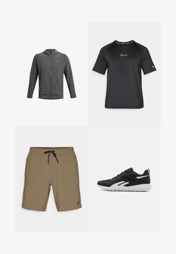 Pilkos spalvos užtrauktuku užsegamas džemperis su kapuci, pagamintas iš lengvos medžiagos. Yra "Under Armour" logotipas ir dvi priekinės kišenės. Lygus paviršius, sportiška forma.; Champion LIGHT STRETCH - Sportiniai marškinėliai trumpomis rankovėmis - black; Rudos šortai su elastinga juosta ir juoda raišteliu, dešiniajame apatiniame kampe yra logotipas. Lygus paviršius, kelio ilgio dizainas.; Juodi sportiniai batai su tinkliniu viršumi, baltais akcentais, tekstūruotu padu ir raudona kulno juostele, kuri prideda papildomų detalių.