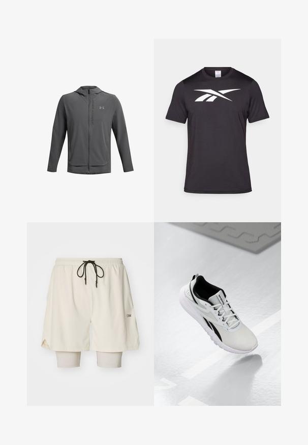 Giacca zip-up grigia con cappuccio, realizzata in materiale leggero. Presenta il logo Under Armour e due tasche frontali. Tessuto liscio, vestibilità sportiva.; T-shirt sportivo nero realizzato in tessuto leggero, con una grafica logo bianca prominente sulla parte anteriore. Design a maniche corte e colletto rotondo.; Pantaloni sportivi crema con elastico in vita, lacci e leggings interni beige. Tessuto testurizzato e fessure laterali per una maggiore libertà di movimento.; Scarpa sportiva grigia chiara con dettagli neri, tomaia in rete testurizzata, suola imbottita e chiusura con lacci. Presenta un linguetta sul tallone.