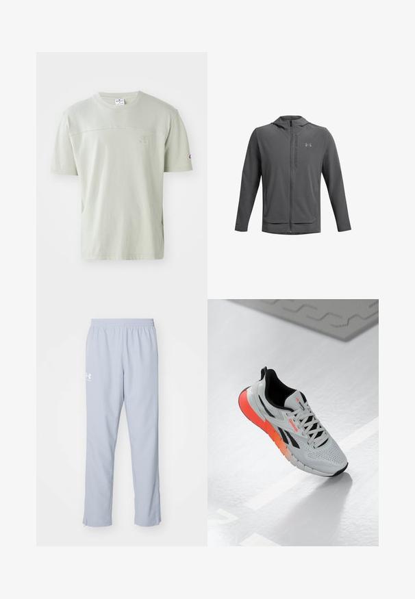 Pilkos spalvos užtrauktuku užsegamas džemperis su kapuci, pagamintas iš lengvos medžiagos. Yra "Under Armour" logotipas ir dvi priekinės kišenės. Lygus paviršius, sportiška forma.; Šviesiai žalias trumpomis rankovėmis marškinėliai pagaminti iš medvilnės. Turi apvalų kaklą ir subtilų logotipą ant krūtinės. Lygus audinys su laisvu siluetu.; Šviesiai mėlynos sportinės kelnės su elastingu juosmeniu, šoninėmis kišenėmis ir kulkšn Midi užtrauktukais. Kairėje šlaunyje išspausdintas baltas logotipas.; Balti sportiniai bateliai su tinklelio viršumi, juodais akcentais ir gradientiniu oranžiniu-pinkiniu padu. Turi raištelių uždarymą ir apvalią nosį.