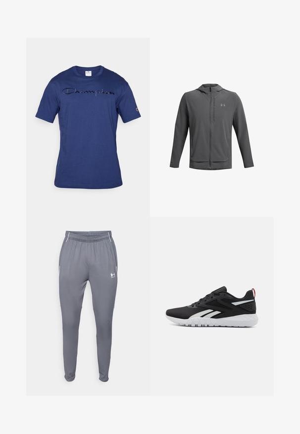 Hallharu tõmblukuga jakk, millel on kapuuts ja mis on valmistatud kerge materjali tõttu. Omab Under Armouri logo ja kahte esi-taskut. Sujuv tekstuur, sportlik lõige.; Tumed sinine puuvillane t-särk, millel on tekstuuriga "Champion" logo rinnal ja broderitud logo vasakul varrukal. Lühikesed varrukad, ümar kaelus.; Hallid hallid spordipüksid elastse vöökoha, küljetaskute ja valgete detailidega. Valmistatud siledast, kergest materjalist.; Mustad mustat spordijalatsid, millel on sissetõmmatav pealis, valged detailid, tekstureeritud talla ja punane kandmisosa lisadetailideks.