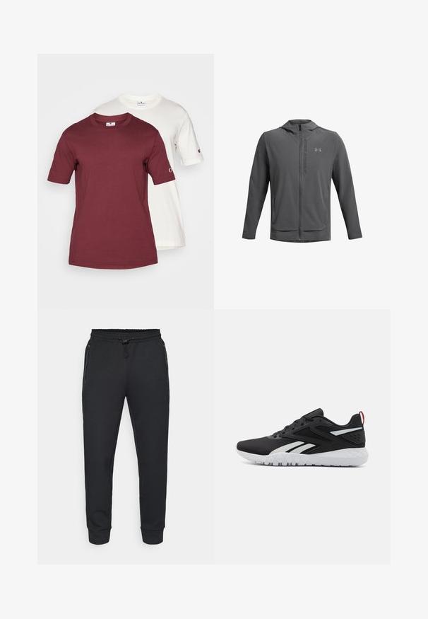 Grå zip-jacka med huva, tillverkad av lätt material. Har Under Armour-logotyp och två framfickor. Slät textur, atletisk passform.; Två kortärmade T-shirts staplade; en vinröd och en vit. Båda är gjorda av bomull och har rund hals och logotyp på ärmen.; Svarta atletiska joggers med dragsko i midjan, sidofickor med dragkedja och ribbade muddar. Tillverkade av ett mjukt, texturerat tyg.; Svarta sportskor med ett mesh-överkänsla, vita detaljer, texturerad sula och en röd hälflik för extra detalj.