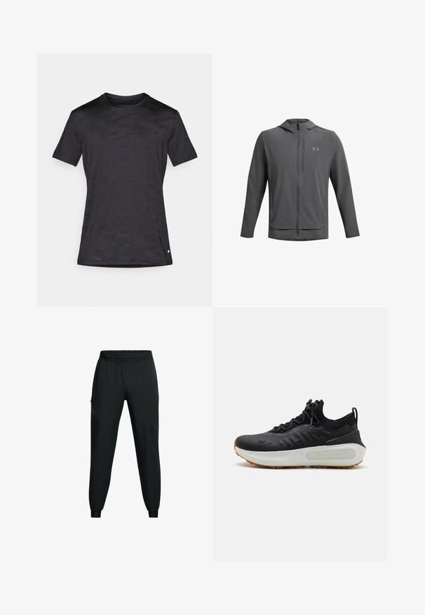 Pilkos spalvos užtrauktuku užsegamas džemperis su kapuci, pagamintas iš lengvos medžiagos. Yra "Under Armour" logotipas ir dvi priekinės kišenės. Lygus paviršius, sportiška forma.; Juodas trumpas rankovėmis marškinėliai, pagaminti iš lygios medžiagos, su subtiliu kamufliažo raštu, apvaliu kaklu ir mažu logotipo akcentu apačioje.; Juodi sportiniai kelnės su elastinga juosmena, siaurėjančio pjūvio, šoninėmis kišenėmis ir kontrastingais panelių detalėmis. Lengvas, lygus audinys.; Juoda sportinė avalynė su tekstūruotu paviršiumi, kaip kojinės apykakle, pilkais raišteliais ir balta tarpine su raštuotu dizainu bei guminėmis pado dalimis.